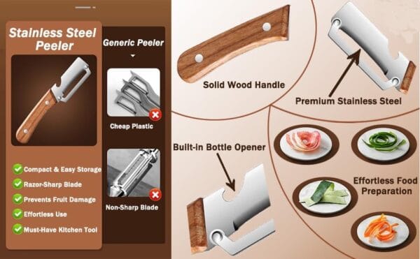 Premium Vegetable Peeler with Wooden Handle and Bottle Opener(2 Pcs)